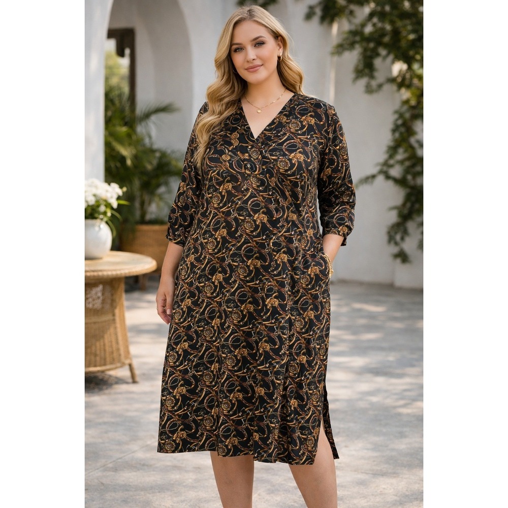 Women's Large Black Gold Chain Print Midi Dress Long Sleeve V Neck Chic